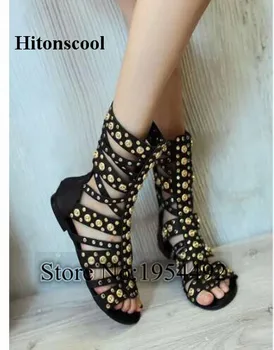 

Gold Rivet Studs Women Knee High Gladiator Sandals Boots Open Toe Sexy Ladies Summer Flats Boots Black Fashion Female Punk Shoe