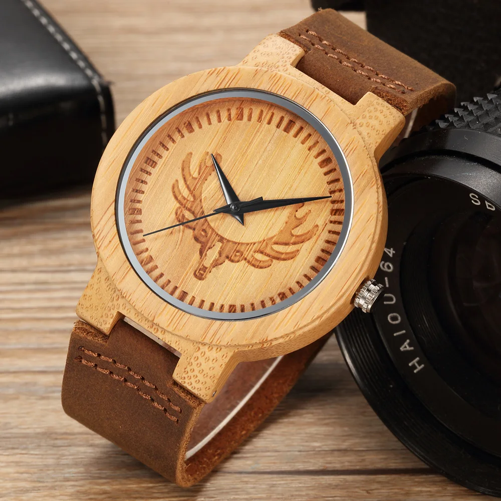 

New Watch Lovely Deer Head Natural Wood Bamboo Watch Analog Cowhide Leather Band Wooden Wrist Watches Relogio Feminino Masculino