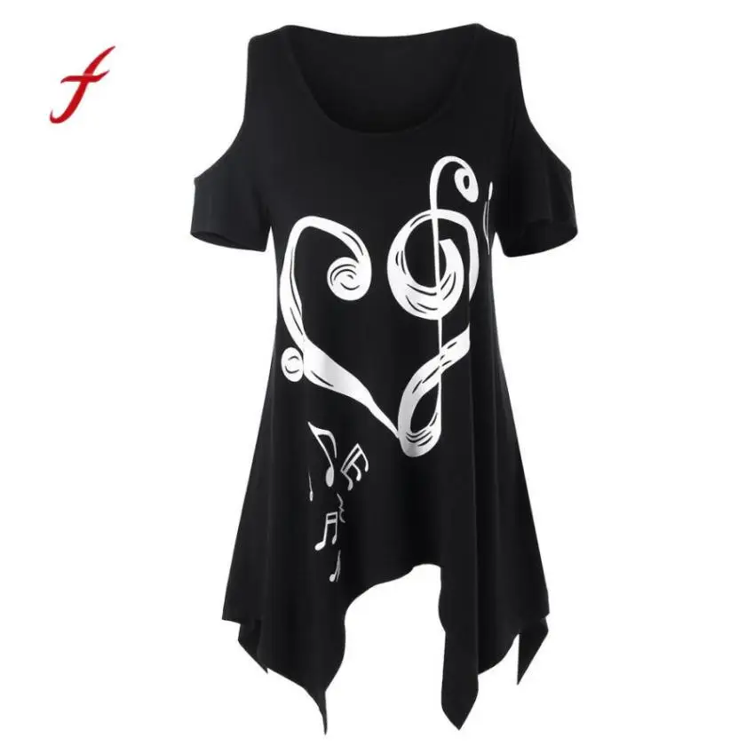 

2018 Women Short Sleeve Music Notes Heart Print cold Off Shoulder irregular hen Summer breathable Elasticity Long Clothes