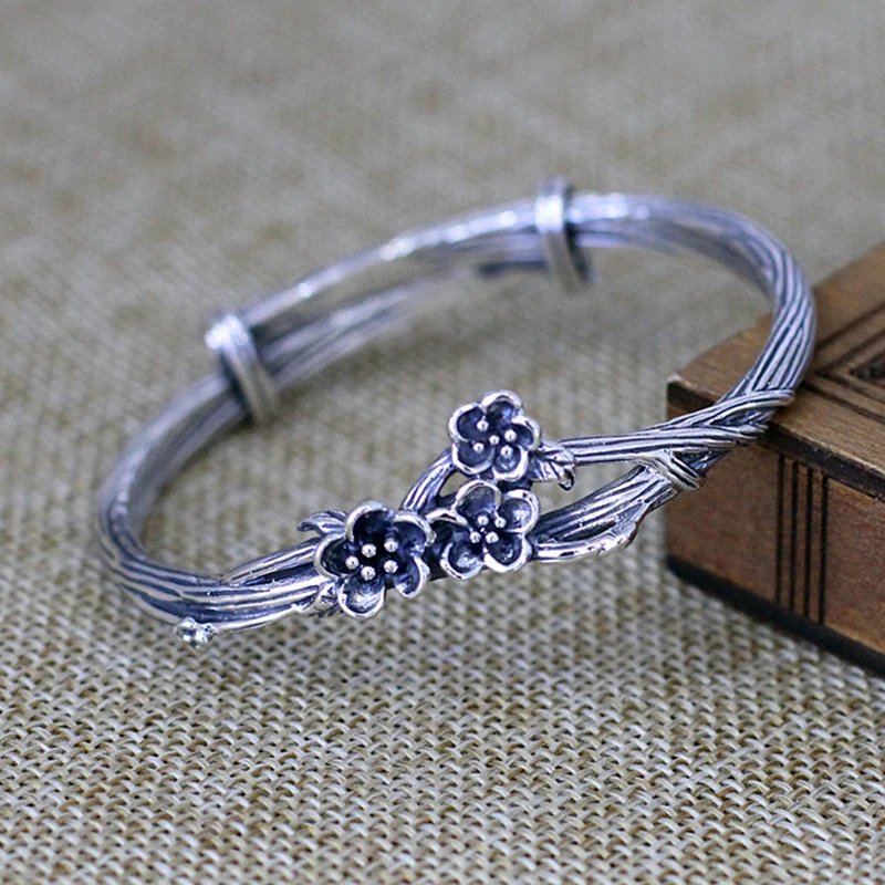 Женский винтажный браслет из серебра 100% пробы с цветком сливы|bangles for women|bangle 925bangle