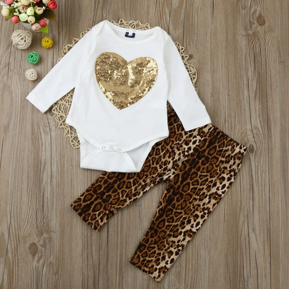 

INS Baby Girl 2PCS Outfit Infant love heart long sleeve romper + leopard pant Clothing Set for 0-24M