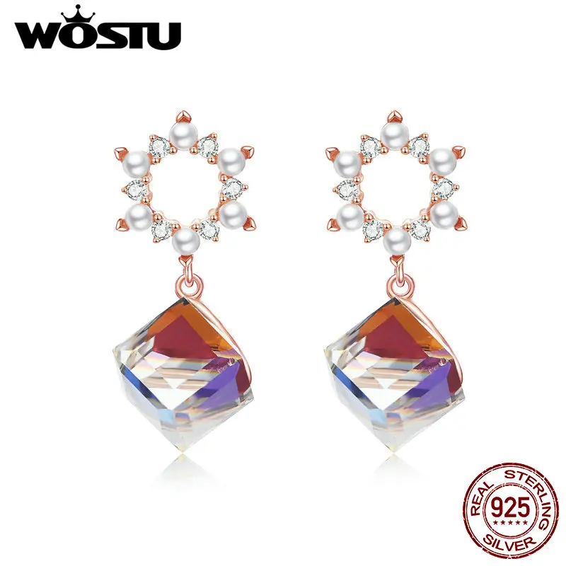 

WOSTU Square Sparkling Stars Dangle Earrings 100% 925 Sterling Silver For Women Wedding Engagement Colorful Jewelry CTE158