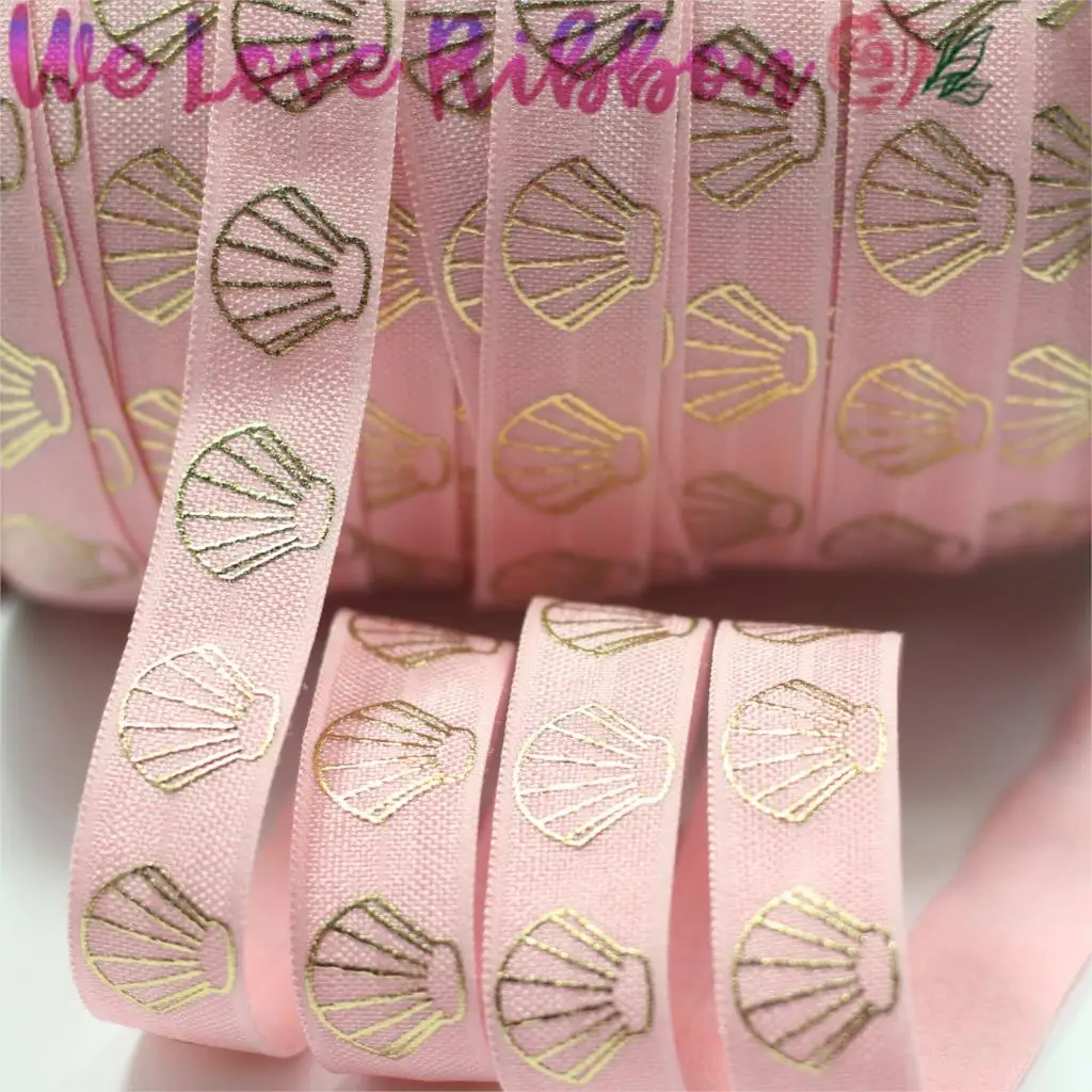 5/8"16mm Handmade Shell Patterns Gilding Foil Printed Fold Over Elastic