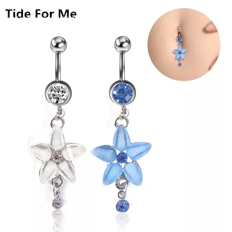 

Surgical Steel Blue Flowers Dangle Navel Rings White Crystal Navel Bar fashion Belly Button Ring Navel Piercing Body Jewelry