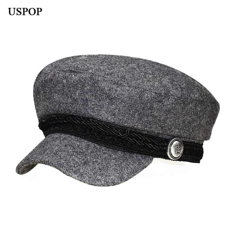 

USPOP 2019 women hats fashion wool newsboy caps vintage flat top visor caps woolen retro Octagonal hat military cap