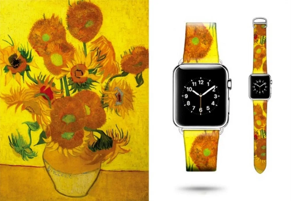 Художественный напечатанный кожаный ремешок Van Gogh для Iwatch, ремешок серии 5, 4, 3, 2, 1, цветочный ремешок для Apple Watch, ремешок 40 мм, 38 мм, 44 мм, 42 мм