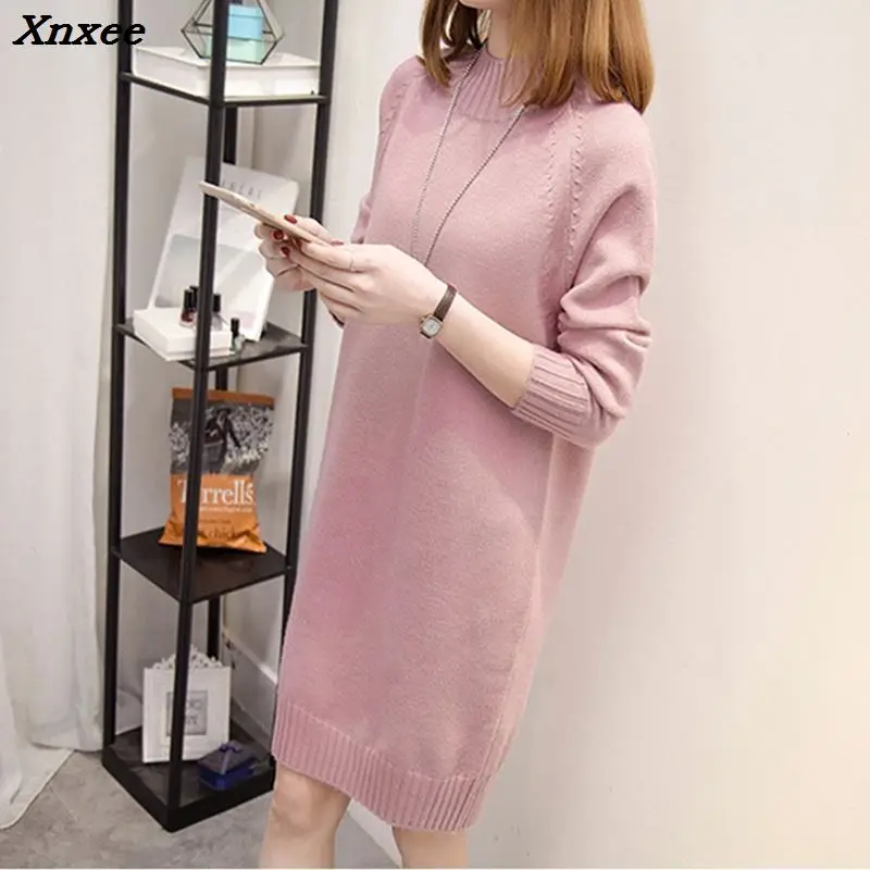 Autumn Winter Women Long Sweater 2018 New Loose Half Turtleneck Long Sleeve Knit Pullover Sweater Female Casual Large Size Xnxee