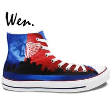 Вэнь Дизайн Пользовательские Ручная роспись обувь Детройт Skyline мужские женские синие красные высокие холщовые кроссовки