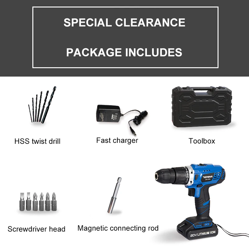 TENWA 20V ударная Аккумуляторная дрель литиевая батарея Зарядка штепсельная