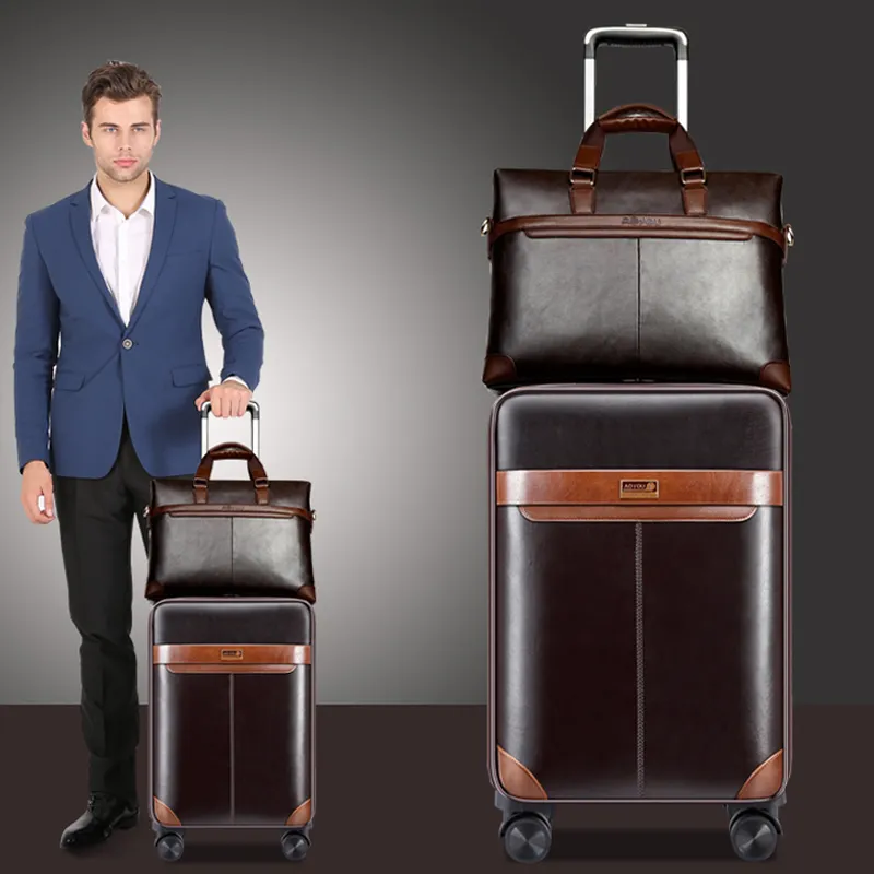 CALUDAN Men Business PU Leather Rolling Luggage Set Spinner High ...