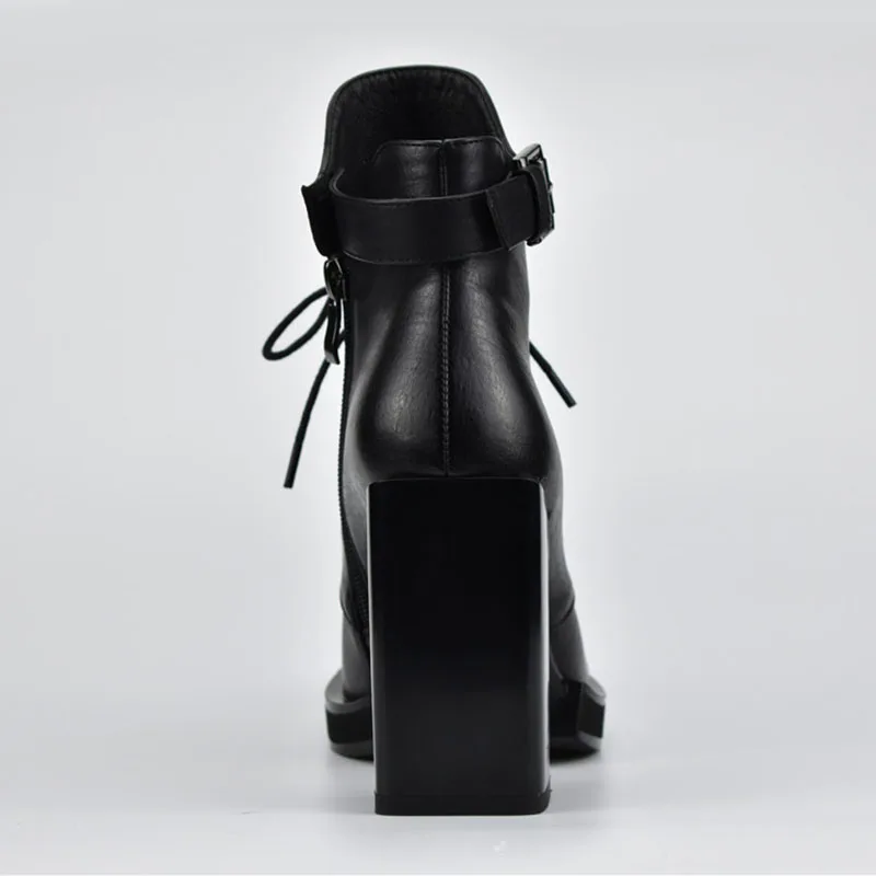 Новинка; Модные женские ботинки на шнуровке; женские ботильоны на высоком квадратном каблуке 10 см с боковой молнией и ремешком с пряжкой; сезон осень-зима; обувь из плюша