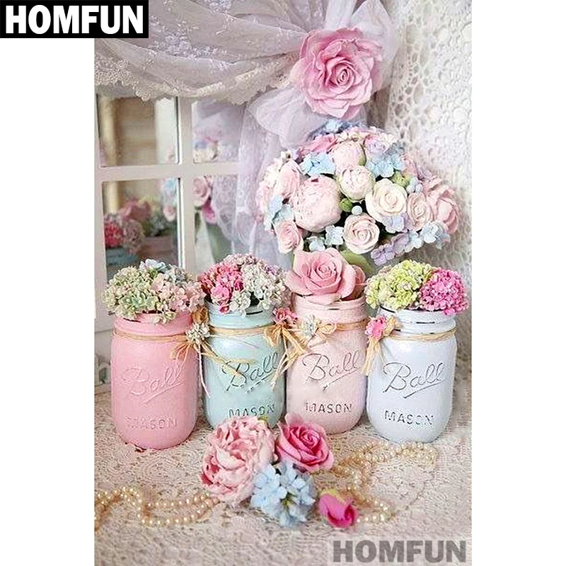 

HOMFUN Full Square/Round Drill 5D DIY Diamond Painting "Jar & Flowers" Embroidery Cross Stitch 5D Home Decor Gift A01394