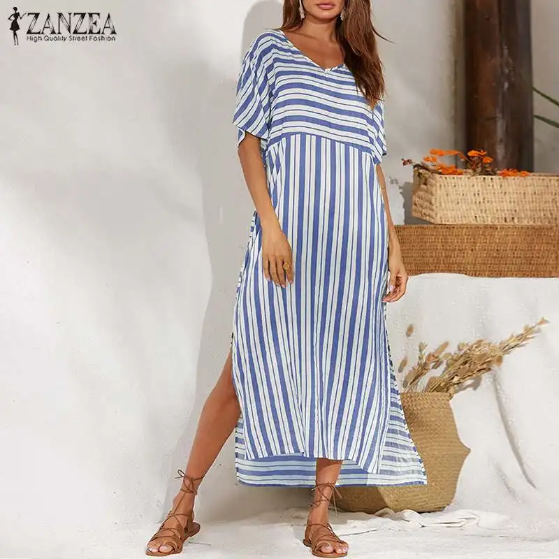 2019 Summer ZANZEA Women Sundress Striped Print Dress Ladies Long Maxi Dresses Beach Vestidos Tunic Robe Femme Party Dresses 5XL