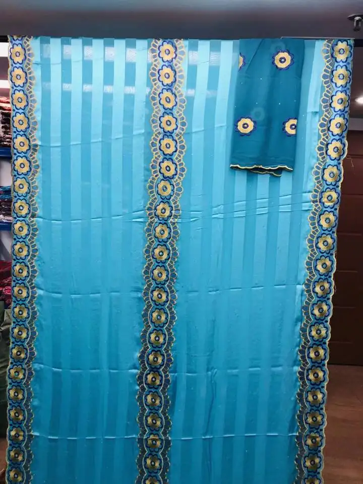 

5Yards Elegant sky blue african silk lace fabric embroidery and 2yards french blouse lace set for dress HZ3-1