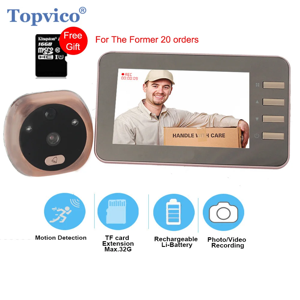 

Topvico 4.3 Inch Motion Detection Video Camera Door Peephole Doorbell Electronic Ring Video-eye Viewer Auto Photo Video Record