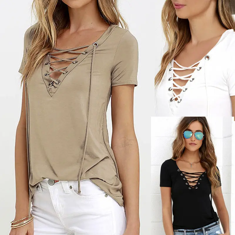 

2017 V neck T-shirt Lace up Short Sleeve Solid Strap Cross Soft Casual Loose Fashion Hot Sale Tees Tops S-XL
