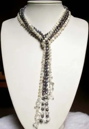 

huij 001575 lariat necklace 2 strands white black pearls baroque beads clear crystal 60
