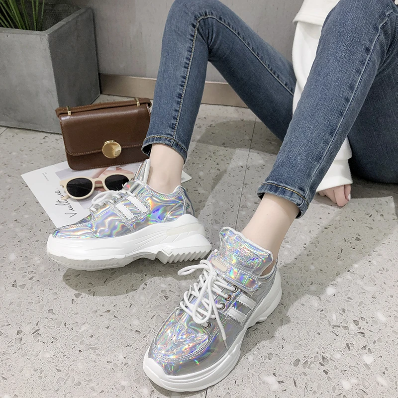 

2019 Spring New Chunky Sneakers Women Thick Sole Patent Leather Platform Shoes Harajuku Dad Shoes Fashion White Sneakers