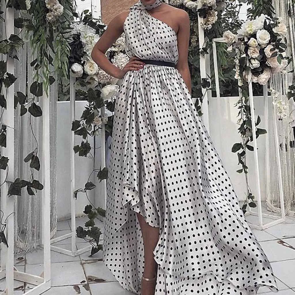 

Fashion Women Dot Print Bandage Halte Cold Should Party Long Dress Polyester Sleeveless Floor-Length Sexy Party Dress C30509