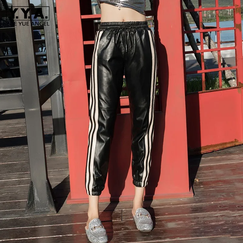 

Top Quality Women Striped Genuine Leather Harem Pants Casual Elastic Waist Jogging Sweatpants BF High Street Ankle Length Pants