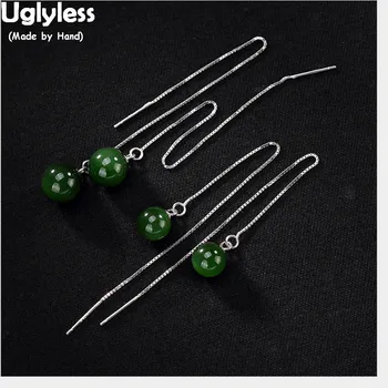 

Uglyless S 925 Sterling Silver Natural Jasper Women Beads Dangle Earrings Long Ear Line Jade Brincos Vintage Fine Jewelry Ethnic