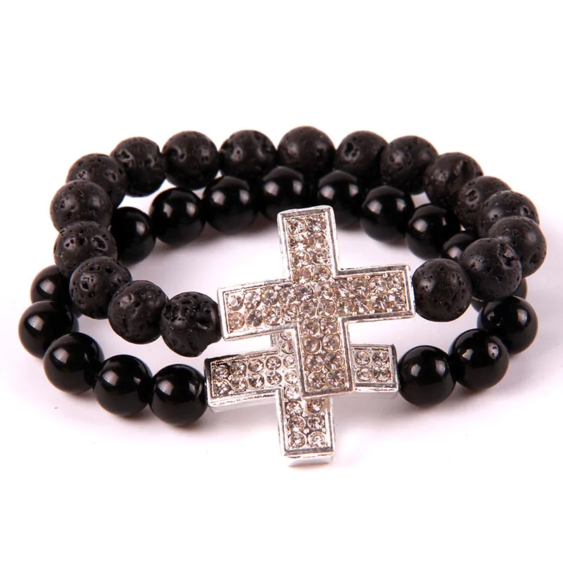 Cross bracelets Rhinestone Jesus Cross Charm Lava Natural stone