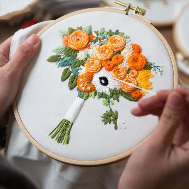Flower Bouquet DIY Embroidery Kit Needlework Cross Stitch with Hoop Frame for Beginner Swing Art Painting Handcraft Wedding Gift 4