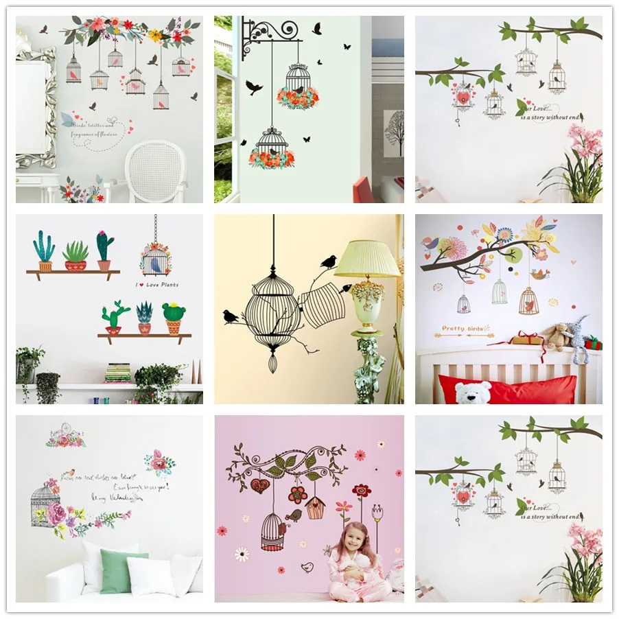 

% Cartoon animal bird Birdcage Flower Living room Nursery Room Wall Stickers Vinyl Wall Decals Wall Sticker Kids Room Home Decor