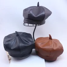New Trend Kids’s PU leather-based Hat Autumn Winter Children Beret Cap Child Peaked CapToddler Heat Bun Hat four colours Drop Transport