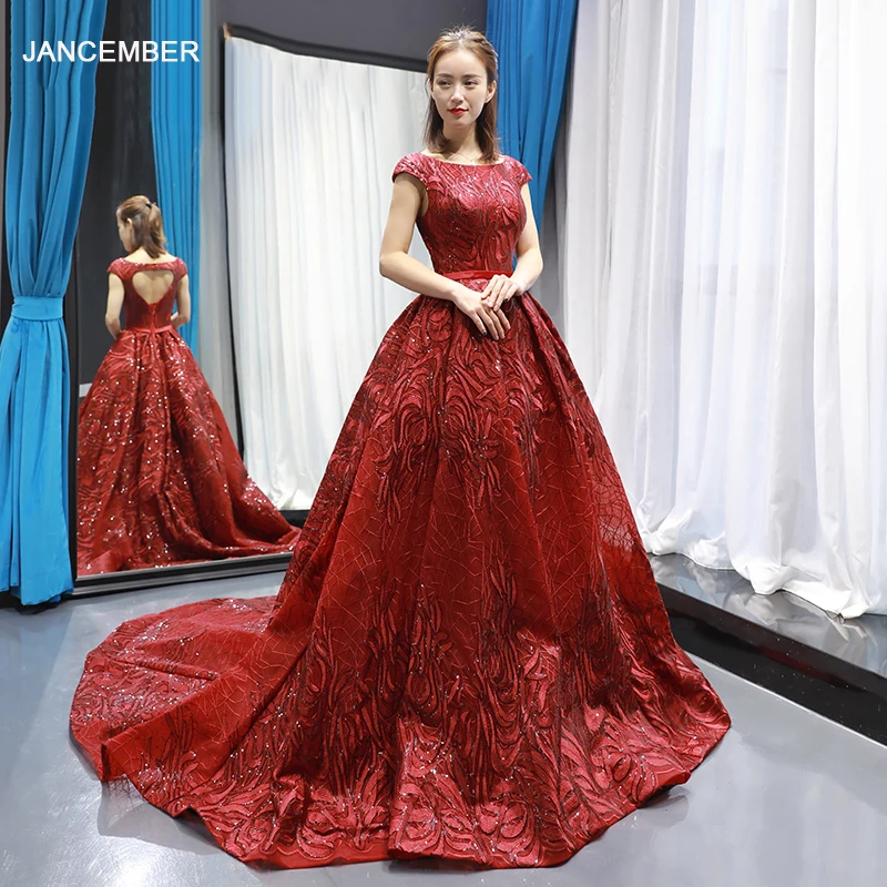 Best Price J66746 jancember red wedding party jurken lange o-hals mouwloos hof train party jurken vrouwen avond elegant robe de soiree