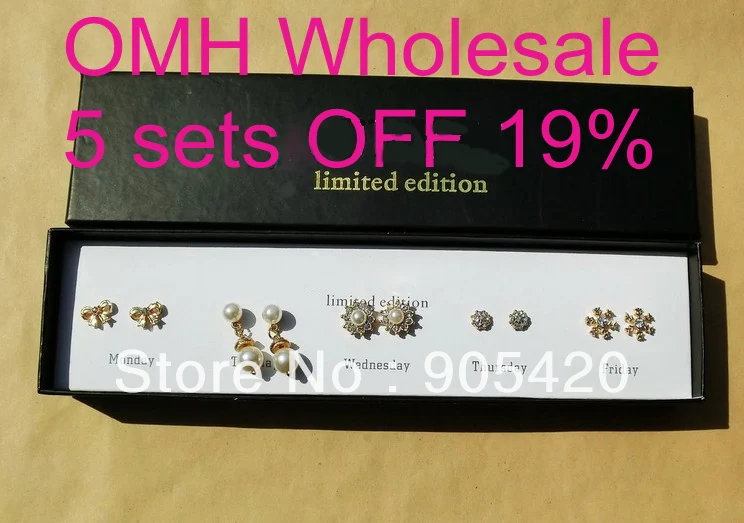 

OMH wholesale jewelry fashion Rose gold 5 pairs pearls bowknot shape Women girls gift Earrings sets+gift box TZ37