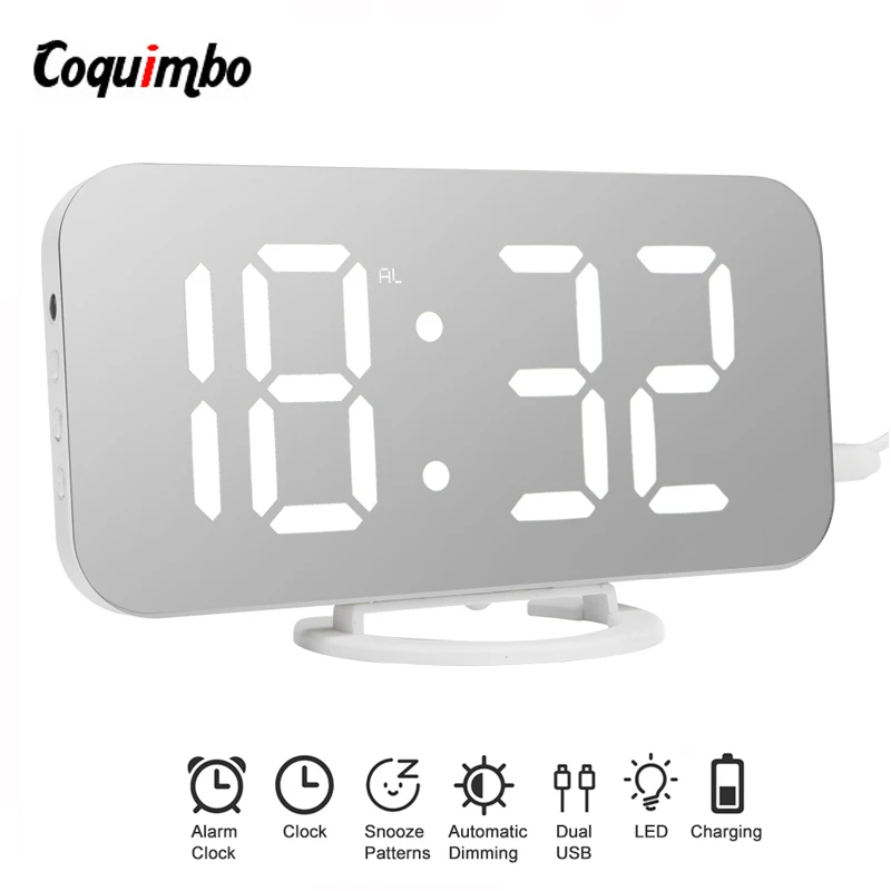 

USB Digital Clock Mirror LED Alarm Clock Night Lights Desk Electronic Wall Clocks Lamp Snooze With 2 USB Output For Phone