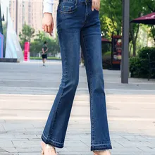 Расклешенные брюки для женщин плюс размер хлопок смесь повседневные джинсы из денима Новая мода весна осень синие эластичные высокие Капри по талии tyn0907