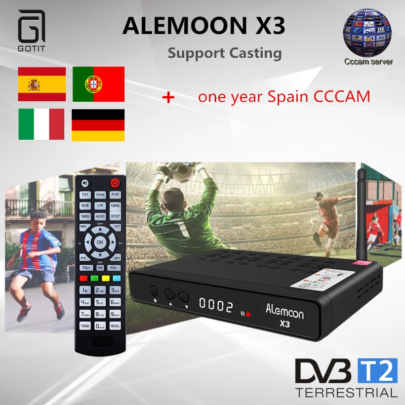 

GOTIT Powerful ALEMOON X3 DVB-T2 function decoder satellite receiver full 4K +4 clines cccam for spain Poland portgual europe