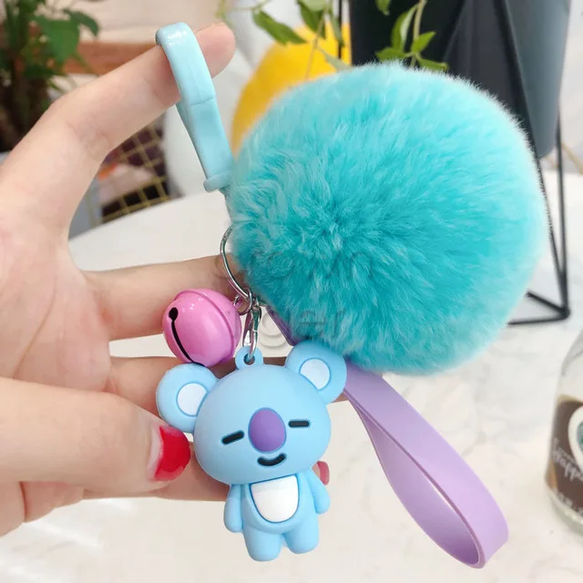 

kawaii KPOP BTS BT21 Keychain with Fur Ball Plush keychain Tata Chimmy Handbag Charm Accessory Pendant Key Holder Chain children