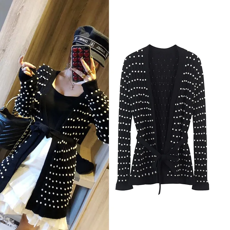 Élégant Cardigans Couture Cravate Automne Haute Nouveau Profonde Hiver Noir Perles Pleine 2018 Manches V Veste Tricoté Femme De Outwear OHOn4PqUI