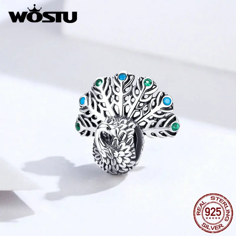 WOSTU,, модные бусы павлина, 925 пробы, Silve Zircon, шарм, подходит для оригинального браслета, кулон, сделай сам, для изготовления ювелирных изделий CQC1260