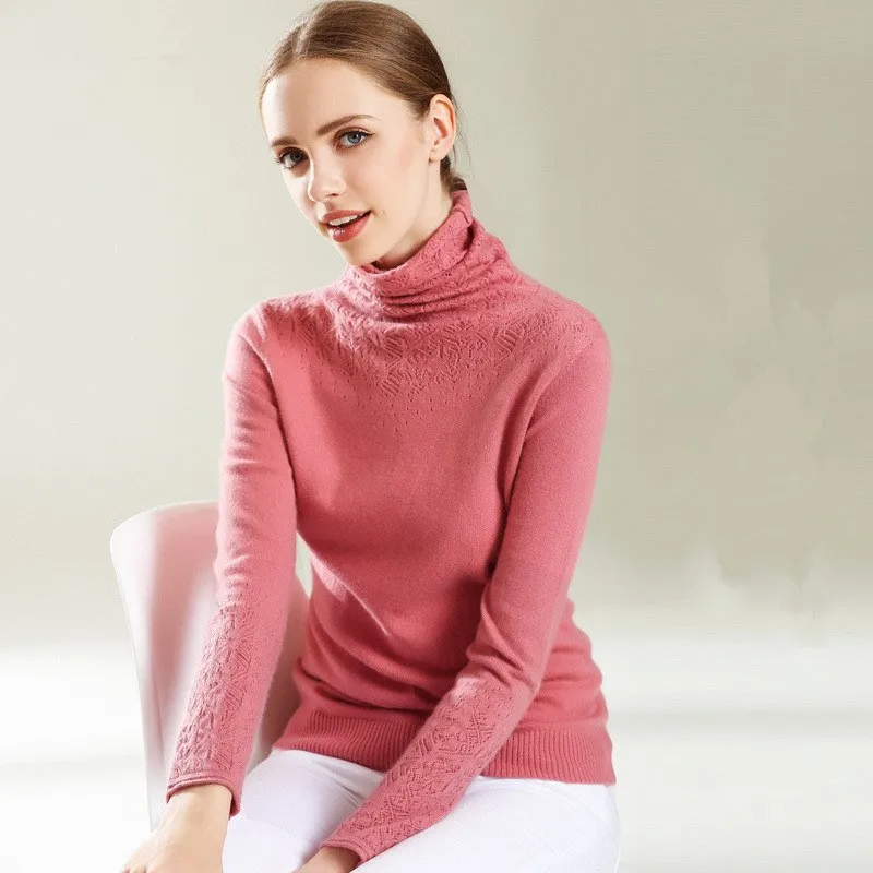 New Fashion Turtleneck Knitted Sweaters Casual Autumn Winter Women Hollow Out Soft Cashmere Pullovers Female Fluffy Jumper