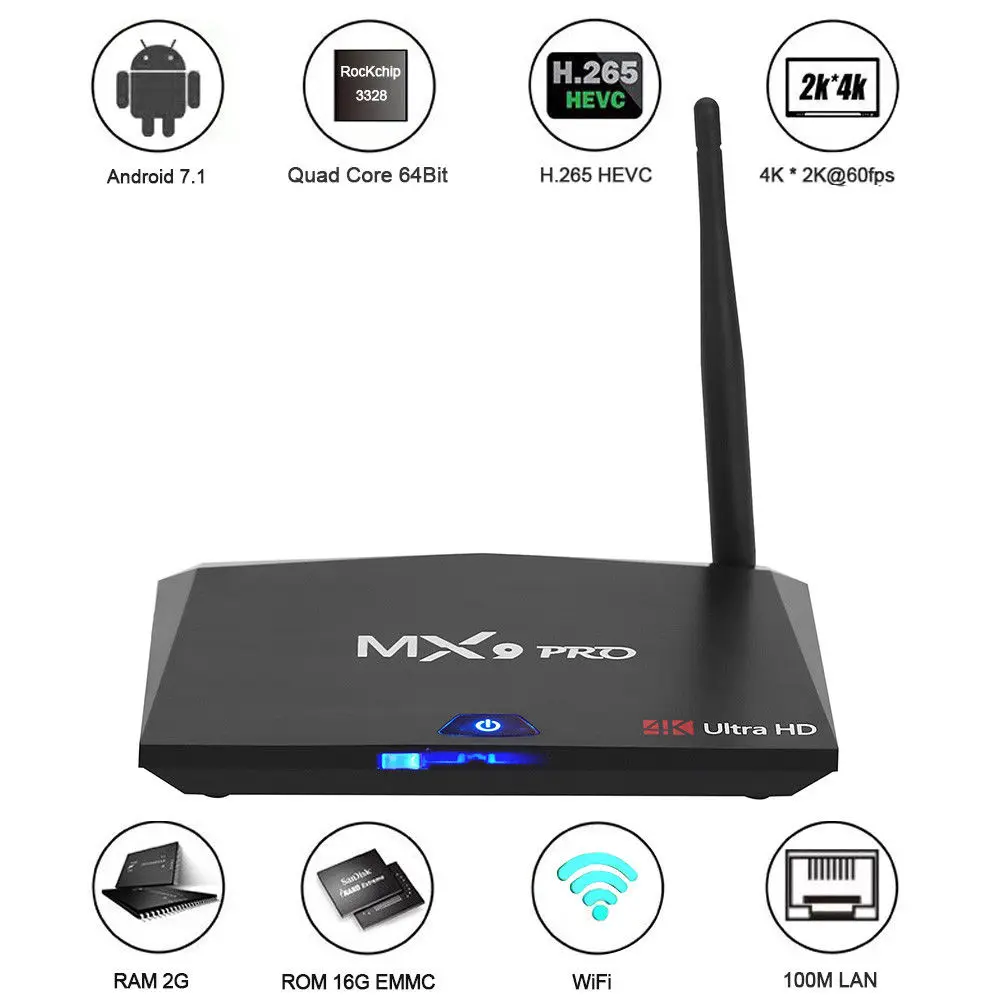 

Android TV Box 4K MX9 Pro RK3328 Quad Core 64Bit 2G+16G Mini PC WiFi Bluetooth H265 Boxes Arabic Iptv Chilean