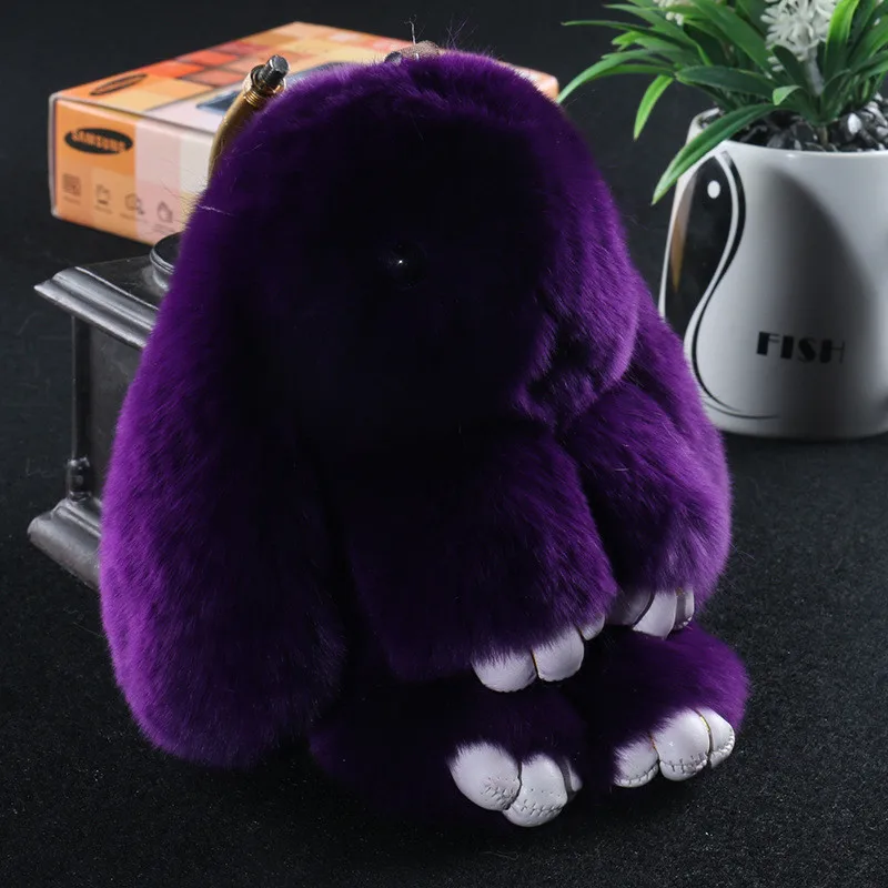 Dark purple 14 см милый плюшевый кролик брелок Рекс из натурального меха кролика брелки для женщин сумка игрушки кукла пушистый помпон прекрасный брелок с помпоном - Цвет: Dark purple