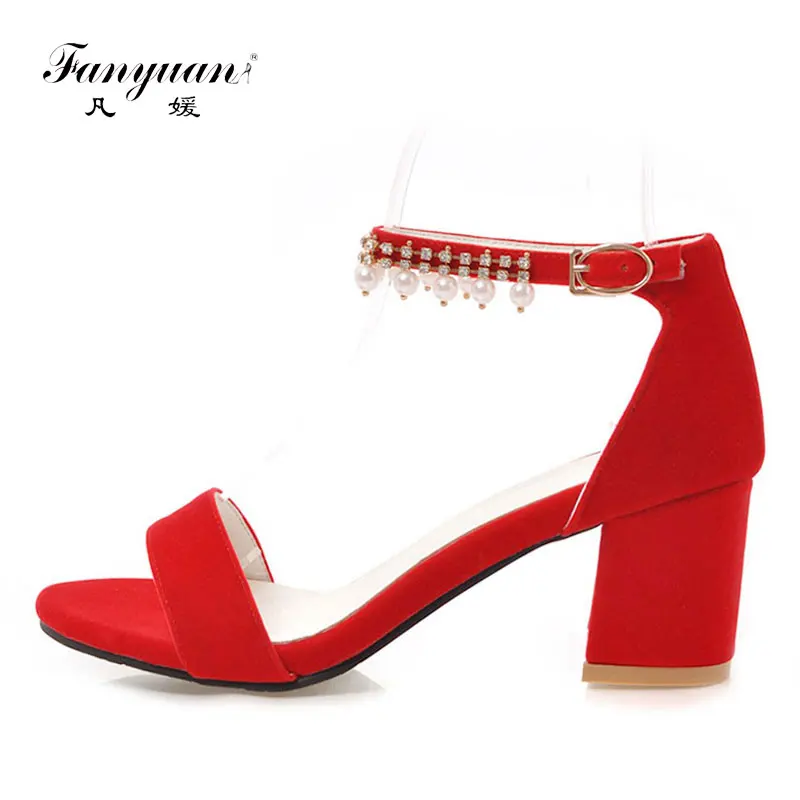 

Fanyuan Brand shoes woman Chunky Heels Sandals Summer high heel Ankle strap Sandals Diamonds Pearls Party lady Red Black shoes