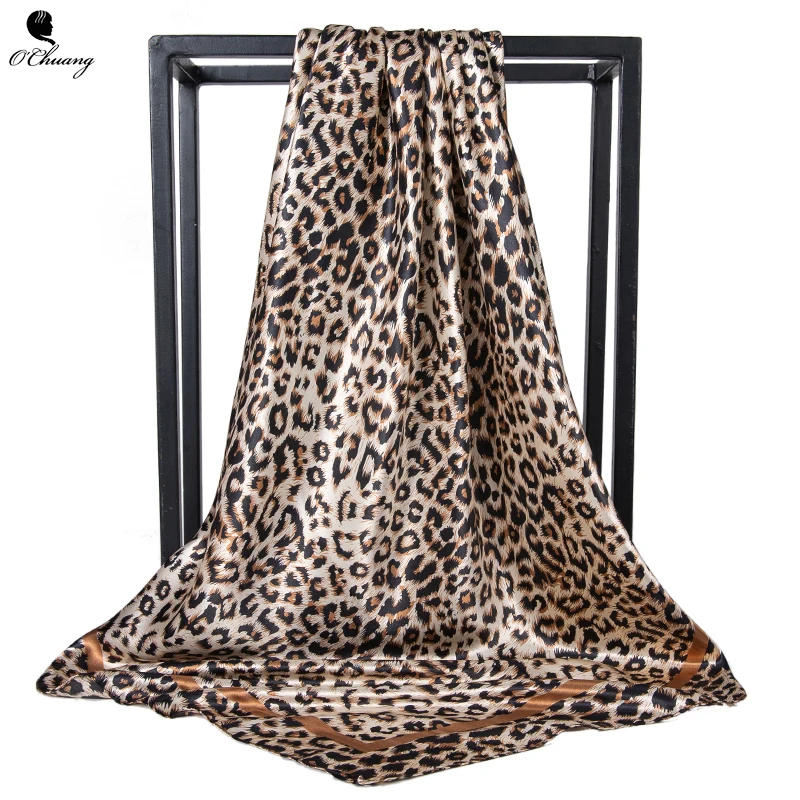 

Leopard Scarf Women Foulard Square Luxury Designer Big Bandana Hijab Satin Silk Head Scarves leopardo mujer 90cm x 90cm