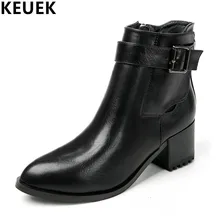 Autumn Women Motorcycle boots Genuine leather Pointed Toe Ankle boots Fashion Med heel Ladies’ shoes 022