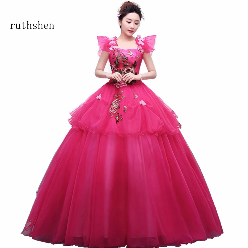 

ruthshen Hot Rose Pink Long Prom Dresses 2018 Cap Sleeves Appliques Flowers Ruched Organza Cheap Vestido De Festa Evening Gowns