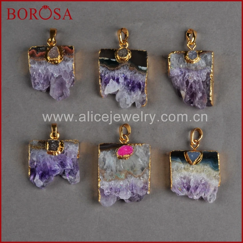 

BOROSA Purple Crystal Druzy Slice geode Pendant Gold Color with Natural Blue Howlite Stone/rainbow Crystal Druzy Stone G0145