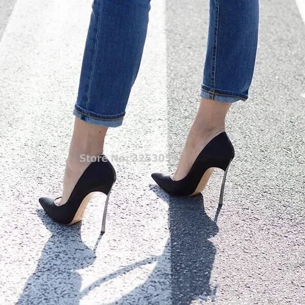 ALMUDENA Hot Selling Patchwork Dress Shoes 12cm High Heel Metal Heels Wedding Pumps Banquet Party Shoes Color Block Slip-on Pump