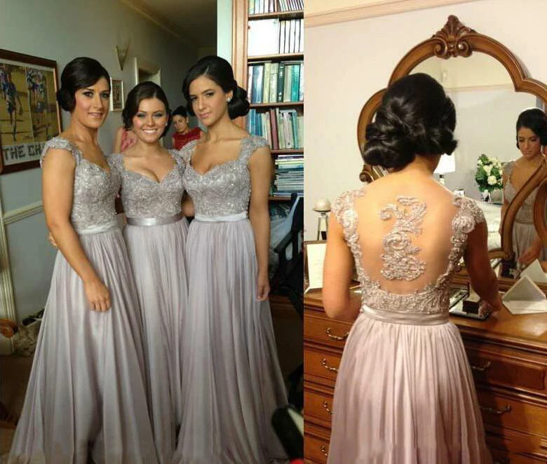 

Hot Sexy Sheer V-Neck A-Line Cap Sleeve Chiffon Lace Beaded Coral Silver Lavender Purple Bridesmaid Dresses