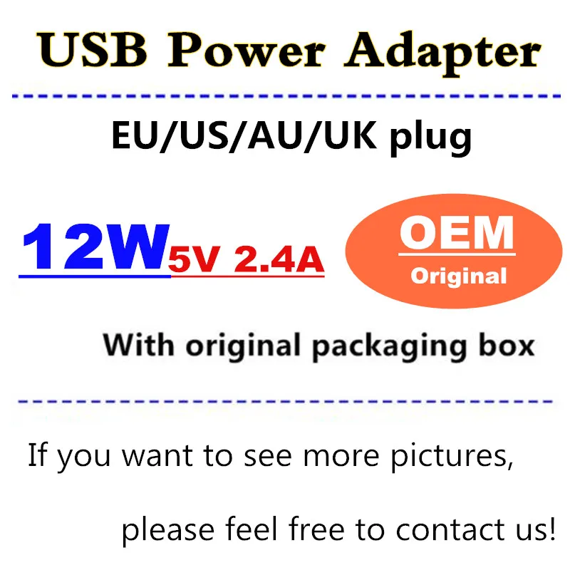 100pcs/lot original quality oem EU US AU UK plug 12W USB Power Adapter AC home Wall Charger 5.2v 2.4A with original retail box