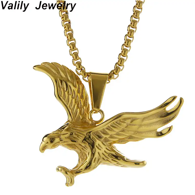 Valily Eagle Necklace Statement Jewelry Sale Gold Color Stainless Steel Hawk Animal Charm Pendant Chain Necklace For Men 24