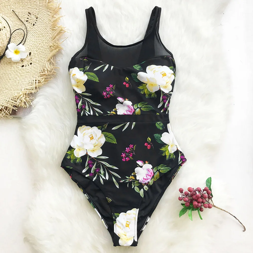 Women Floral Print And Mesh Patchwork One-piece O-neck Lace-up Swimsuit